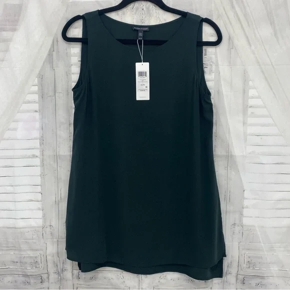 Eileen Fisher XS Ivy Green Bateau Neck Long Shell Silk Georgette Tank Top Silk
